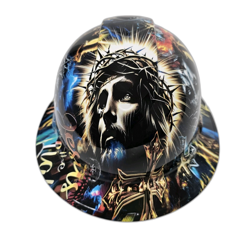 Jesus Light Of The World Full Color Nice Custom Hydro Dipped Full Brim Hard Hat - Front View