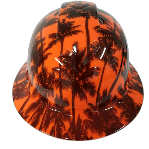Hi Vis Orange California Sunset Custom Hydro Dipped Full Brim Hard Hat - Front View