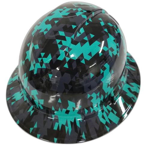 Turquoise Teal Abstract Tactical Camo Custom Hydro Dipped Full Brim Hard Hat - Front View