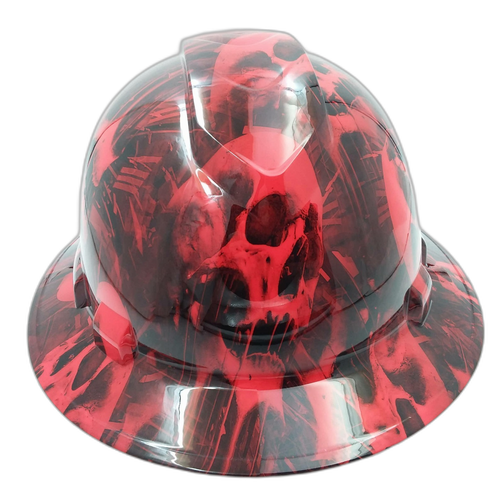 Red Melting Skull Evil Custom Hydro Dipped Full Brim Hard Hat - Front View
