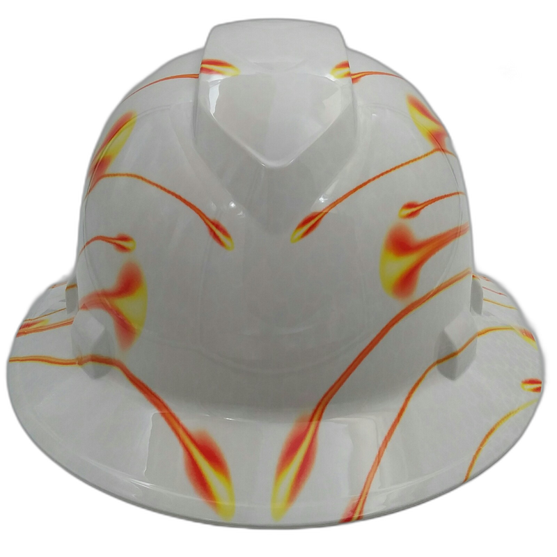 Orange Flame Wisps on White hard hat front view