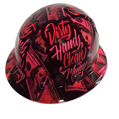Hot Pink Dirty Hands Clean Money Women Custom Hydro Dipped Full Brim Hard Hat - Front View
