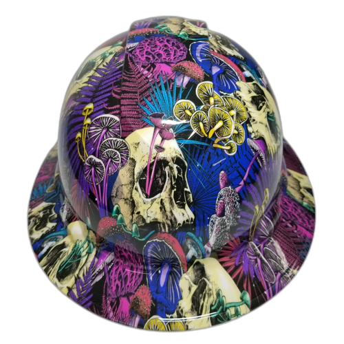Have A Nice Trip Mushrooms Skulls Custom Hydro Dipped Full Brim Hard Hat - Front View