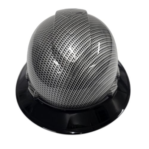 Blacked Out Silver Carbon Fiber Custom Hydro Dipped Full Brim Hard Hat - Front View