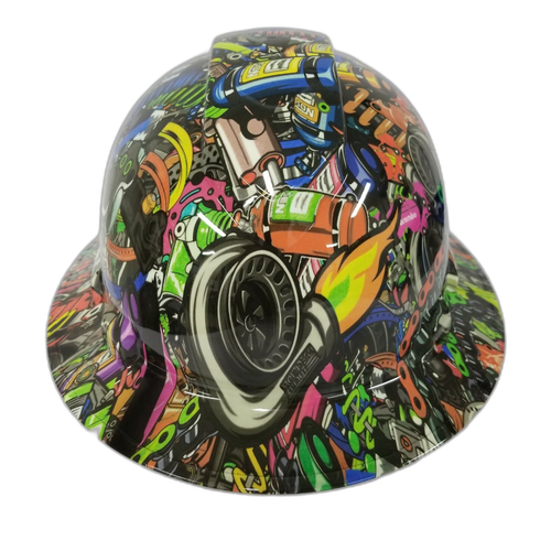 Tuner Sticker Bomb Turbo Nos Custom Hydro Dipped Full Brim Hard Hat - Front View