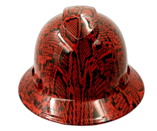 Red Snakeskin extreme snake Custom Hydro Dipped Full Brim Hard Hat - Front View