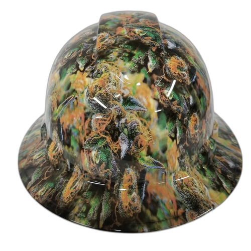 420 WEED HEAD realistic kush Custom Hydro Dipped Full Brim Hard Hat - Front View