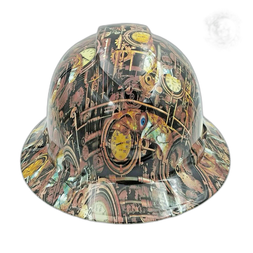 Steam Punk Engineering Camo Custom Hydro Dipped Full Brim Hard Hat - Front View