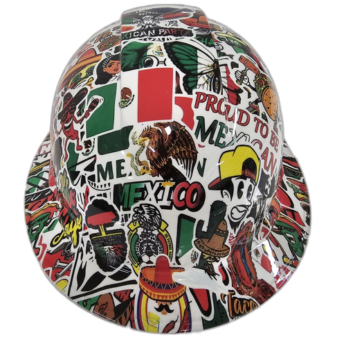 Mexican Sticker Bomb Cinco De Mayo Custom Hydro Dipped Full Brim Hard Hat - Front View