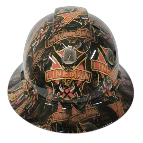 Lineman Electrical Design Custom Hydro Dipped Full Brim Hard Hat - Front View