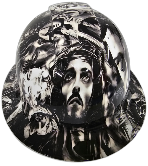 Jesus Christ Big Faces Jesus Saves Custom Hydro Dipped Full Brim Hard Hat - Front View