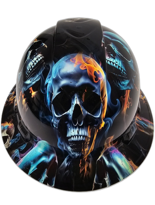 Realistic Flaming Skulls Custom Hydro Dipped Full Brim Hard Hat - Front View
