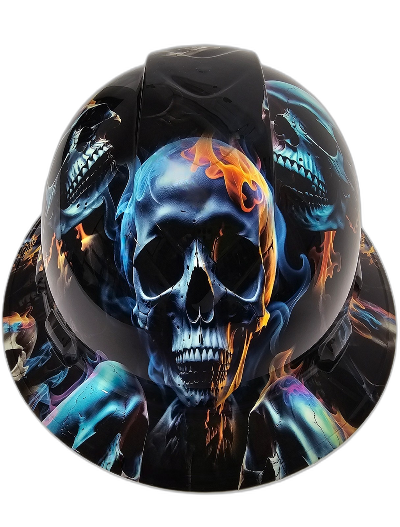 Realistic Flaming Skulls Fire hard hat front view