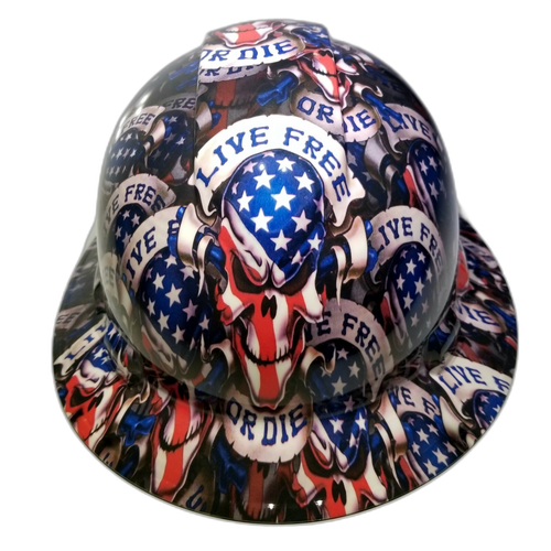 Live Free Or Die USA America Custom Hydro Dipped Full Brim Hard Hat - Front View