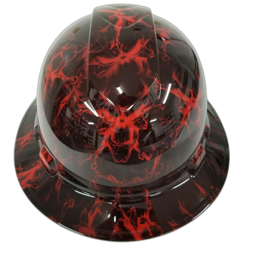 Red And Black Skulls Custom Hydro Dipped Full Brim Hard Hat - Front View