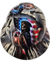 American Grim Reaper USA Flag Waving Custom Hydro Dipped Full Brim Hard Hat - Front View
