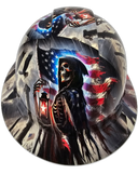 American Grim Reaper USA Flag Waving Custom Hydro Dipped Full Brim Hard Hat - Front View