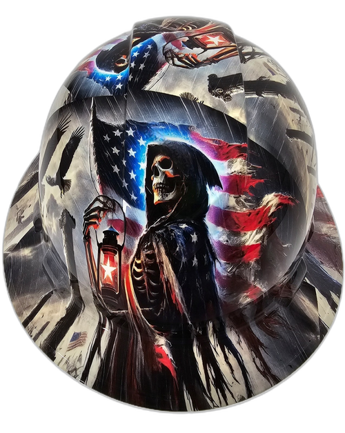 American Grim Reaper USA Flag Waving Custom Hydro Dipped Full Brim Hard Hat - Front View