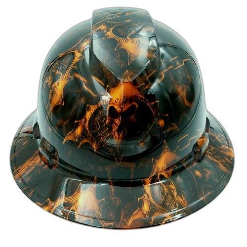 Dark Raiser Skulls Hi Vis Orange Custom Hydro Dipped Full Brim Hard Hat - Front View
