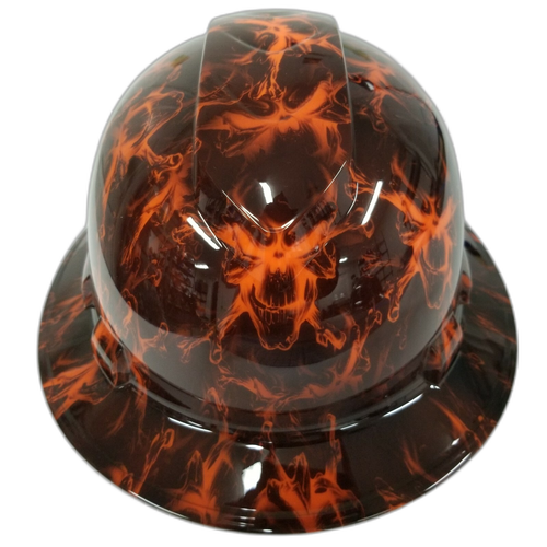 Black And Hi Vis Orange Skulls Custom Hydro Dipped Full Brim Hard Hat - Front View