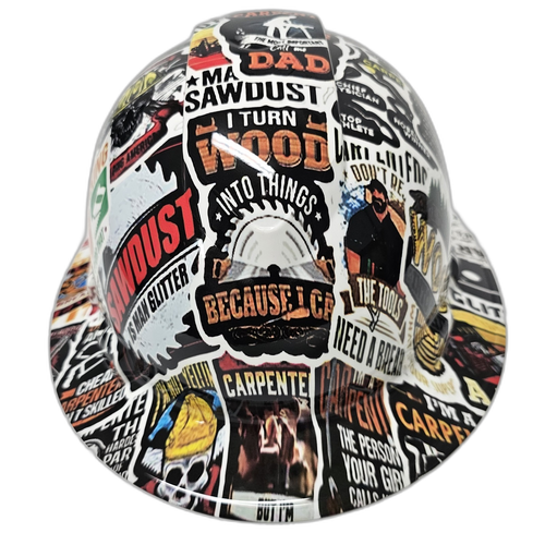 Carpenter Sticker Bomb Man Glitter Custom Hydro Dipped Full Brim Hard Hat - Front View