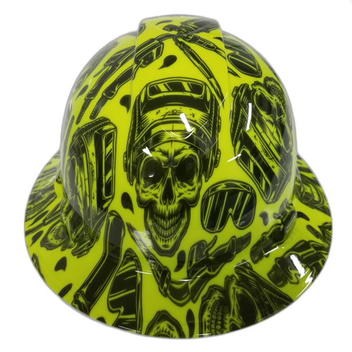Hi Vis Lime Welder Welder Up Custom Hydro Dipped Full Brim Hard Hat - Front View