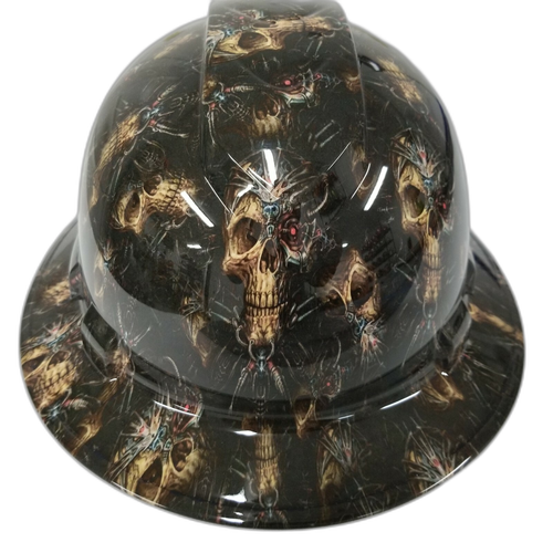 Cyborg Skull Mechanical Custom Hydro Dipped Full Brim Hard Hat - Front View