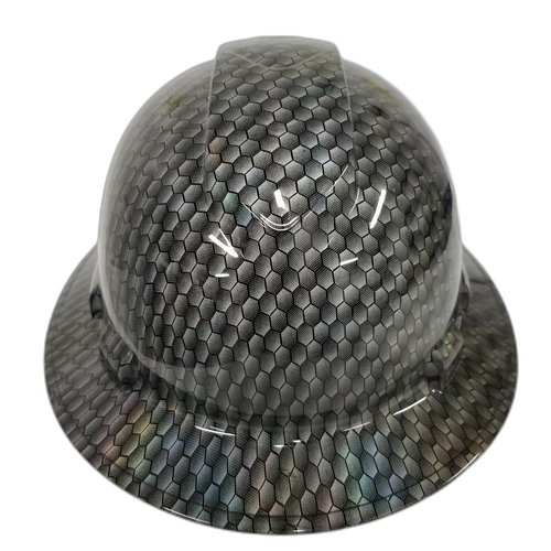 Black metal holographic hex weave Custom Hydro Dipped Full Brim Hard Hat - Front View