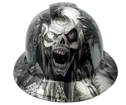 Silver N Black Cyborg Skull Custom Hydro Dipped Full Brim Hard Hat - Front View