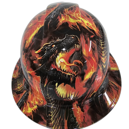 Fire Breathing Dragon Custom Hydro Dipped Full Brim Hard Hat - Front View
