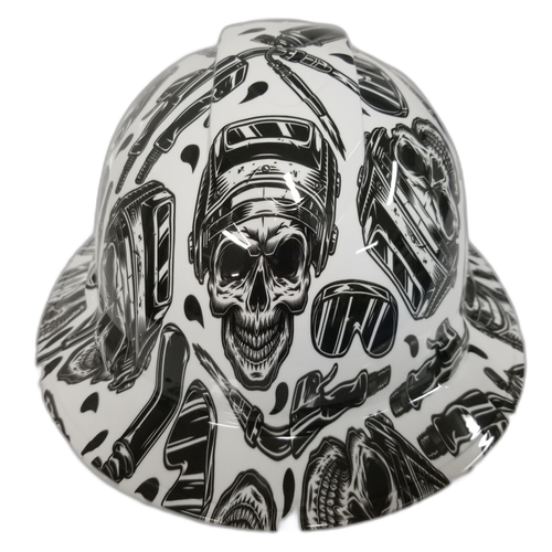 Welder Theme Welder Up White Custom Hydro Dipped Full Brim Hard Hat - Front View