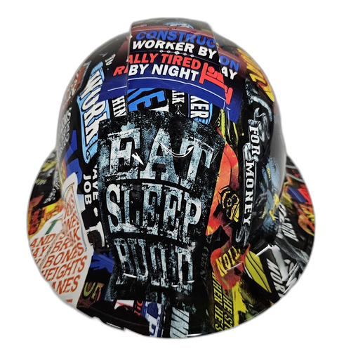 Construction Worker Sticker Bomb Custom Hydro Dipped Full Brim Hard Hat - Front View