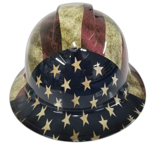 Old Glory USA Flag Grunge American Fla Custom Hydro Dipped Full Brim Hard Hat - Front View