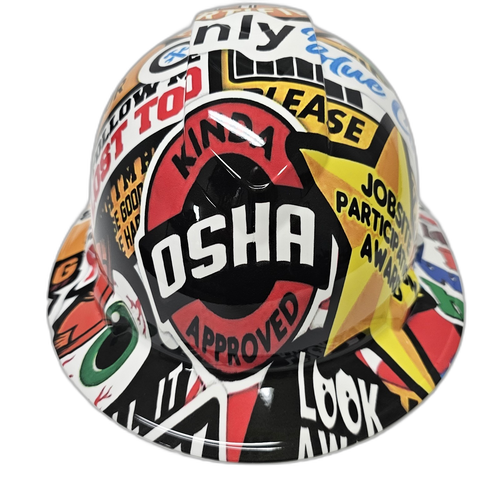 Construction Sticker Bomb Custom Hydro Dipped Full Brim Hard Hat - Front View