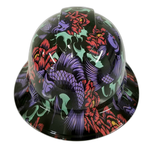 Japanese Koi Fish Tattoo Art Custom Hydro Dipped Full Brim Hard Hat - Front View