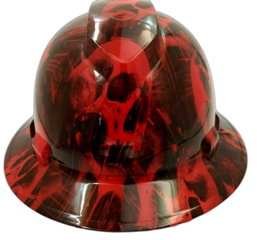 Red Melting Skull Wicked Custom Hydro Dipped Full Brim Hard Hat - Front View