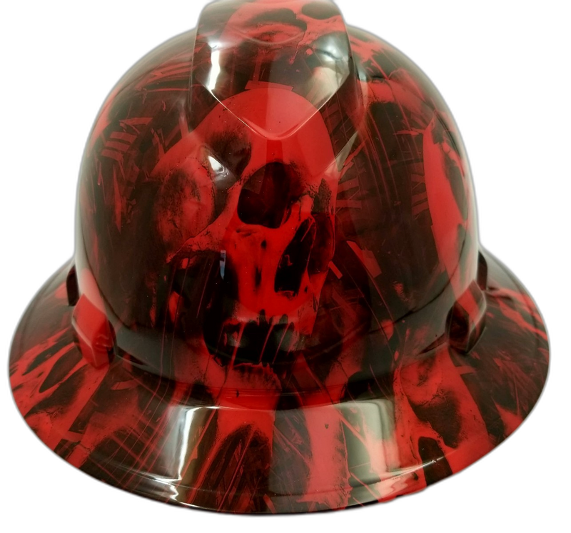 Red Melting Skulls on Black hard hat front view