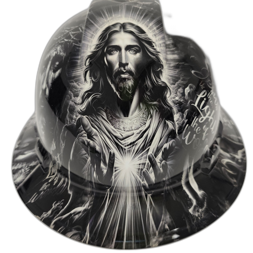 Jesus Loving Arms Light Of The World Custom Hydro Dipped Full Brim Hard Hat - Front View