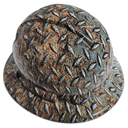 Realistic Diamond Plate Steel Rusty Custom Hydro Dipped Full Brim Hard Hat - Front View