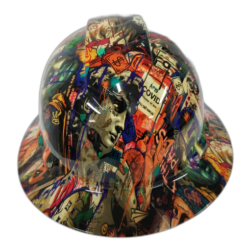 Pop Art Davinci Sticker Bomb Custom Hydro Dipped Full Brim Hard Hat - Front View
