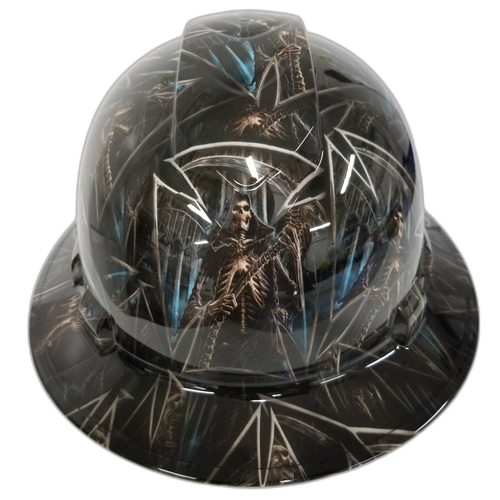 Grim Reaper Maltese Cross Skulls Custom Hydro Dipped Full Brim Hard Hat - Front View