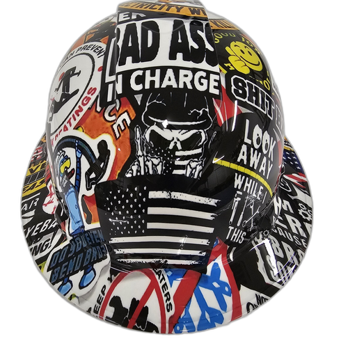 Bold Construction Sticker Bomb Custom Hydro Dipped Full Brim Hard Hat - Front View