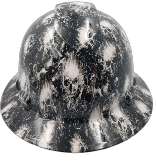 White Smoking Skulls Custom Hydro Dipped Full Brim Hard Hat - Front View