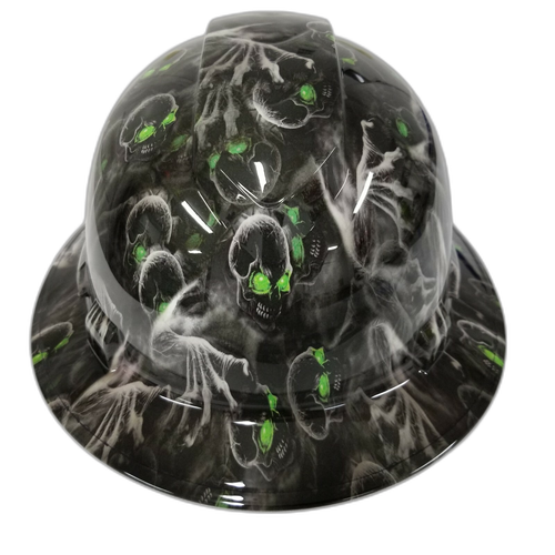 Green Eyed Creeper Skull Evil Custom Hydro Dipped Full Brim Hard Hat - Front View