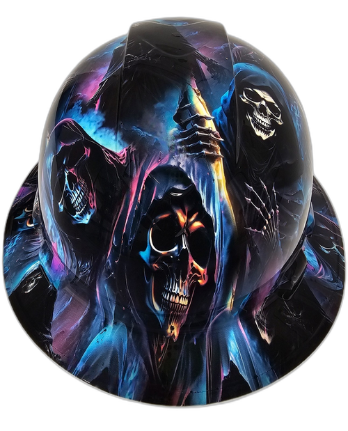 The Grim Reaper Midnight Creeper Custom Hydro Dipped Full Brim Hard Hat - Front View