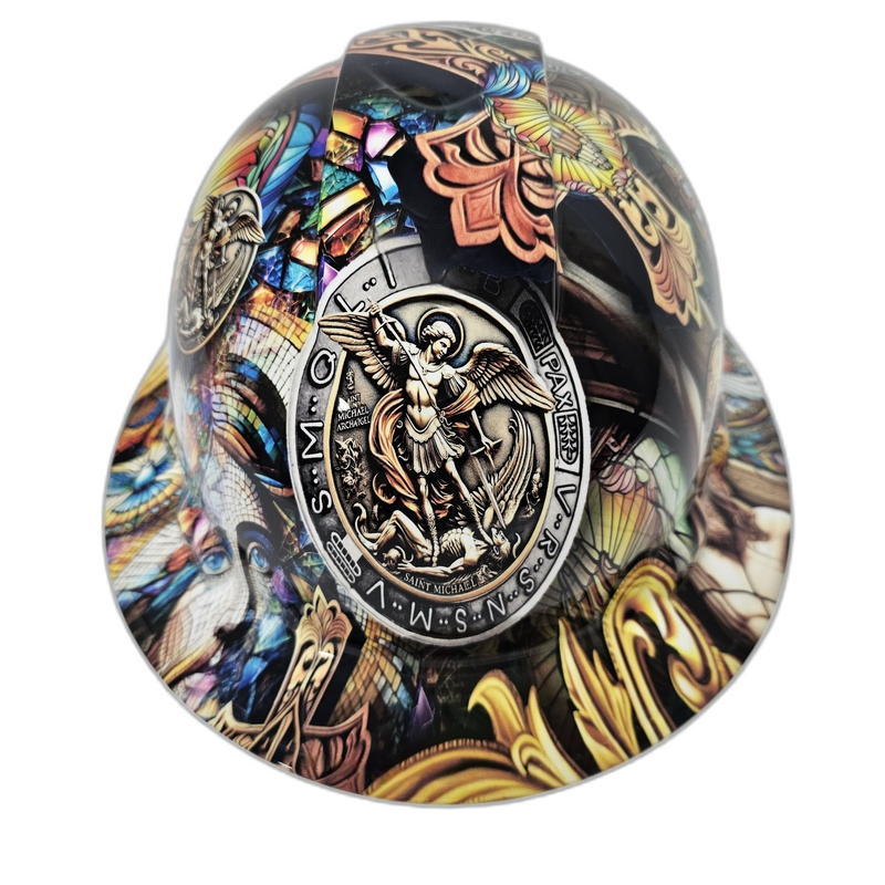 Saint Michael Stained Glass Art hard hat front view