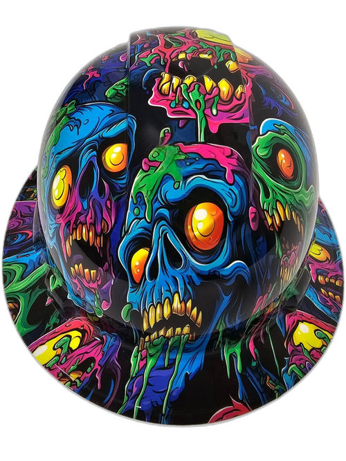 Neon Psycho Zombies Custom Hydro Dipped Full Brim Hard Hat - Front View