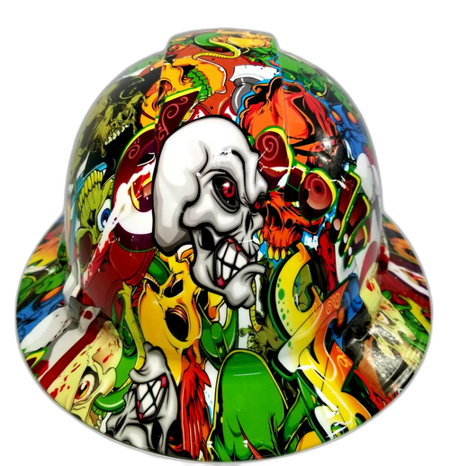 Skull Sticker Bomb Custom Hydro Dipped Full Brim Hard Hat - Front View