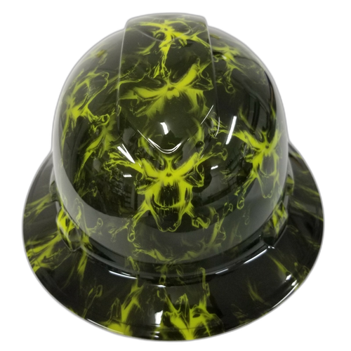 Black And Hi Vis Green Skull Custom Hydro Dipped Full Brim Hard Hat - Front View