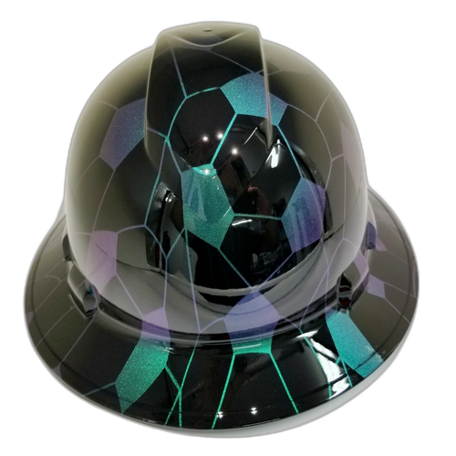 Color Shift Hex Camo Black Custom Hydro Dipped Full Brim Hard Hat - Front View